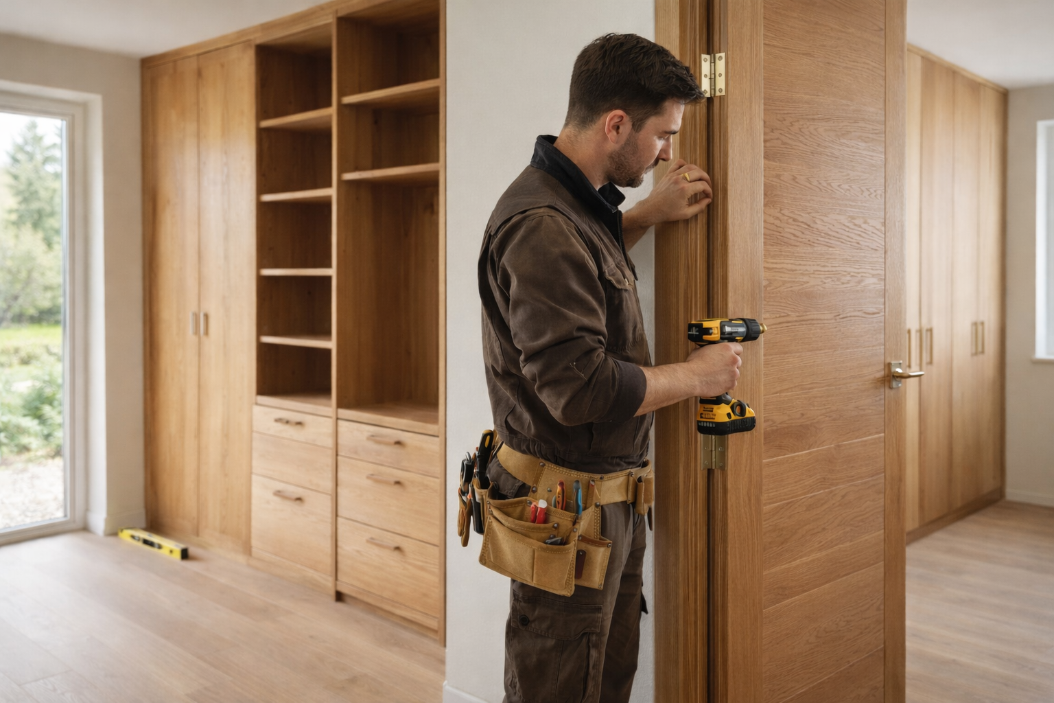 Travaux de menuiserie intérieure avec portes et meubles sur mesure dans une habitation