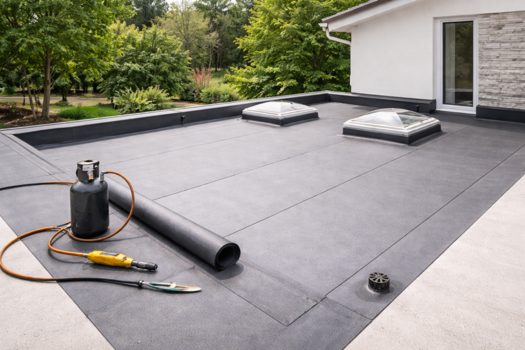 Travaux d’étanchéité sur toiture plate d’une habitation résidentielle