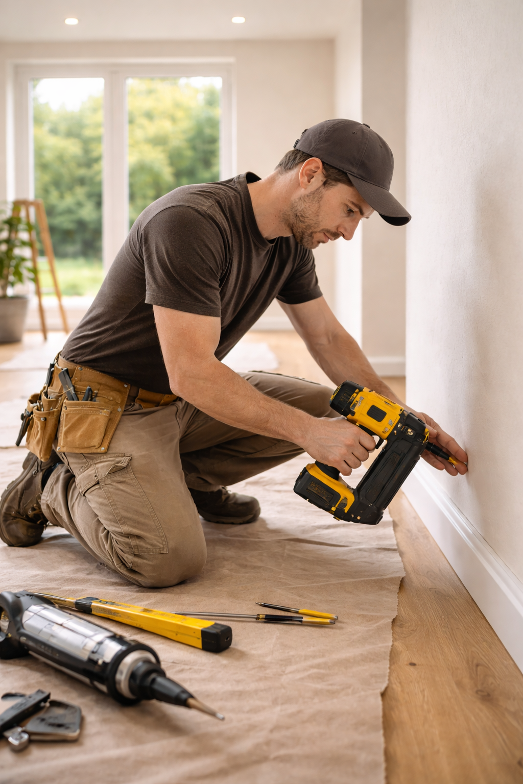 Artisan réalisant des finitions de menuiserie intérieure lors d’une rénovation de maison