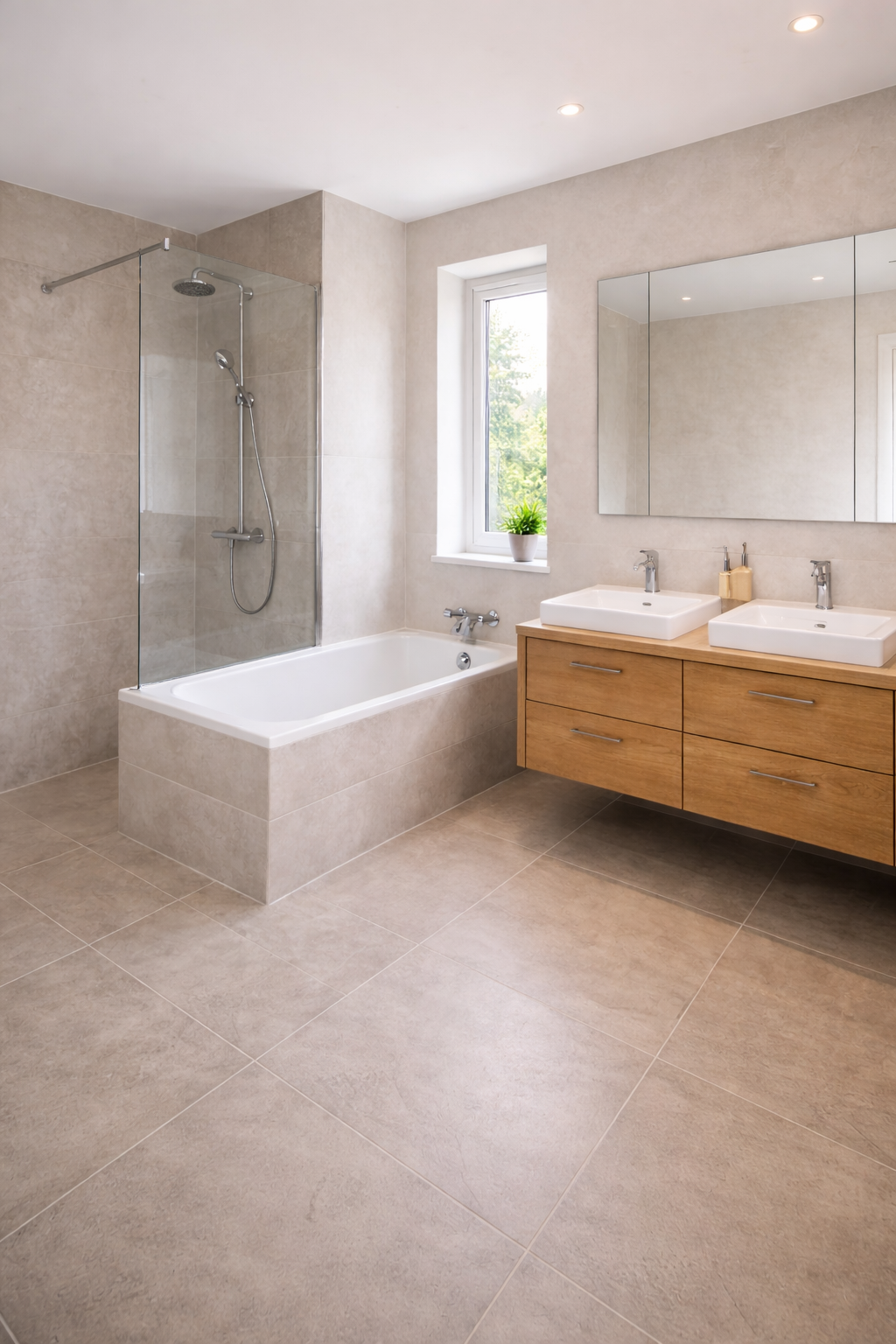 Salle de bain moderne avec installation sanitaire complète lors d’une rénovation de maison